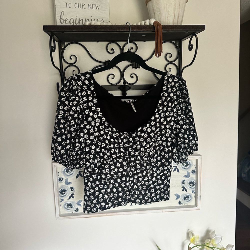 Free People Black and White Floral Blouse